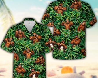 Chemise hawaïenne Bigfoot Sasquatch drôle pour hommes et femmes, Chemise boutonnée Sasquatch Cool Vibing, Chemise Aloha Sasquatch portant des lunettes de soleil
