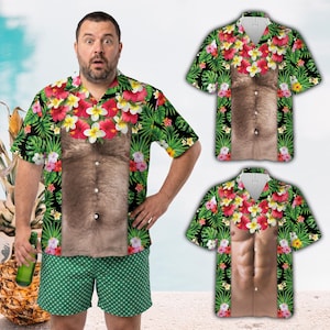 Aloha Hairy Chest Hawaiian Shirt Flower Realistic Muscle Body Button Up Shirt, Novelty Beach Dad Bod Aloha Shirt, Gag Gift For Dad & Husband