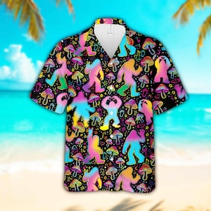 Camisa hawaiana con estampado de Bigfoot y hongos mágicos, camisa abotonada con estampado de Sasquatch psicodélico, camisa para festival de verano con estampado de hongos neón, regalo con estampado de hongos