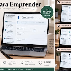 May include: A digital business planning kit displayed on a laptop screen, featuring sections for vision, business plans, and finances. The interface includes text fields for business goals, alongside a notebook with the handwritten text Planear Hoy Crear Mañana.