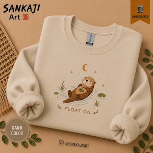 Broderad tröja med flytande utter, söt tröja med rund hals, tröja för naturälskare, minimalistisk djurbroderi, mysig unisexpresent