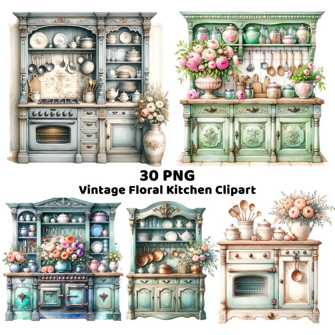 30 PNG Vintage Floral Kitchen Clipart | Watercolor Shabby Chic Clipart ...