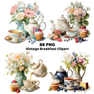 Könnte beinhalten: Digitale Illustration eines Vintage-Frühstücks. Das Bild zeigt Teetassen, Teekannen, Cupcakes und Blumengestecke. Der Text "88 PNG Vintage Breakfast Clipart" ist in der Mitte des Bildes zu sehen.