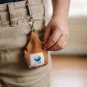 May include: A brown, teardrop-shaped keychain with a small, rectangular label featuring a blue and yellow design. The keychain is attached to a silver clip, hanging from the pocket of khaki-colored pants.