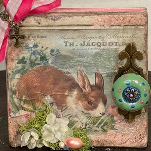 Tiered Tray Vintage Shabby Chic Farmhouse French Bunny Rabbit Salvaged Wood Distressed Pink Velvet Bow Cross Green Knob Floral Sign Decor
