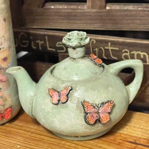 Hand Painted Small Lidded Green Decorative Vintage Ceramic Country Shabby Teapot Orange Clay Butterflies and Resin Rosette Vase Home Decor