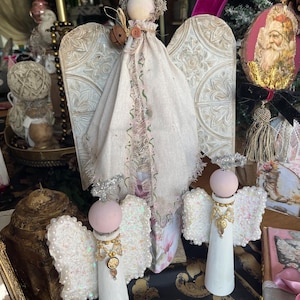Christmas Holiday Upcycled Vintage Primitive Cottagecore Shabby Chic Wood Spindle Embossed Winged Linen Cloaked Pink Floral Dress Angel