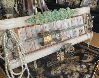 Upcycled Wood Shutter Jewelry Organizer: Distressed White, Vintage Metal Handles