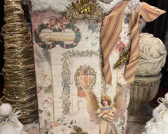 Handmade Vintage Victorian Mixed Media Christmas Angel Table Decor Antique Wood Centerpiece:  Lace Ticking Cross Cherubs Finial White Floral