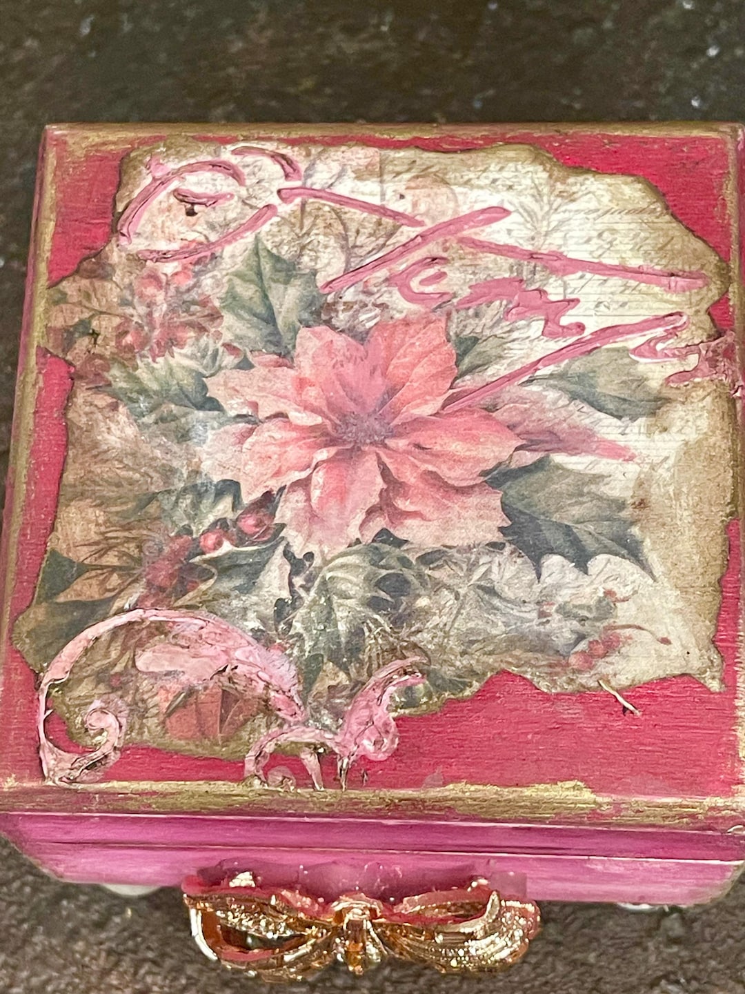 Shabby Chic Poinsettia Jewelry Box: Pink Ombre Wood Trinket Box With ...