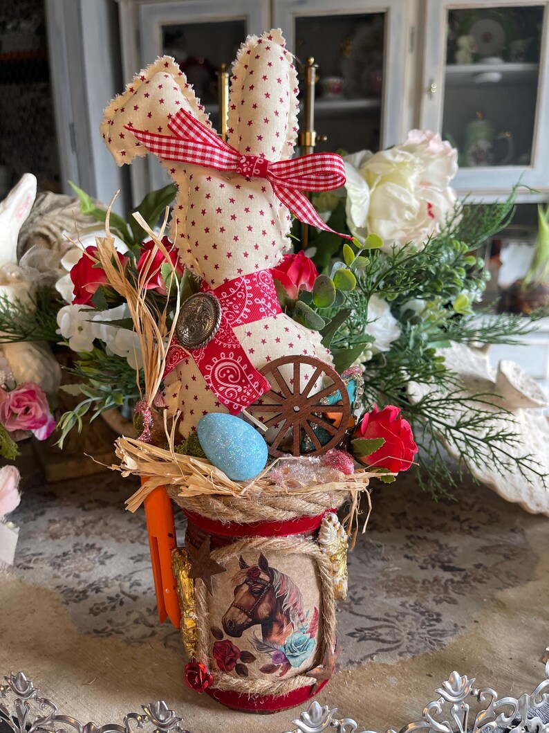 Handmade Rodeo Star Cowgirl Bunny Wagon Wheel Decoupage Horse Cross Red ...