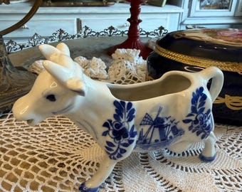 Vintage Hand Painted Blue Delft White Porcelain Cow French Country Farmhouse Creamer c.1960s Dutch Pottery Delftware #46 Stamped