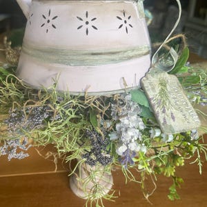 Handmade Upcycled French Country Farmhouse Lavender Punched Tin Teapot on Distressed Hand Painted Vintage Wood Spindle Floral Candle Holder