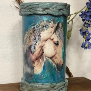 Hand Painted Horse Vase: Upcycled Wine Bottle, Boho Floral Decor