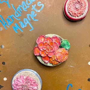 Shabby Chic Floral Refrigerator Magnet Trio: Upcycled Pink Clay Flowers