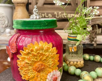 Hand Painted Magenta Pink Ribbed Vintage Style Glass Jar with Vintage Silver Knob Green Lid & Handmade Clay Yellow Flowers