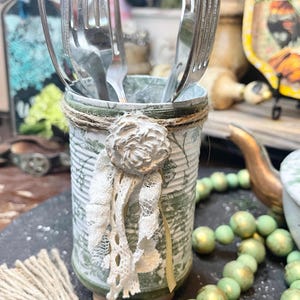 Footed Vintage Style Sage Green White French Toile Upcycled Tin Can Clay Rose Lace Bow Farmhouse Shabby Chic  Vase Utensil Pencil Storage