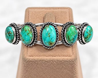 Handgefertigtes Armband mit Kingman-Türkis, 5-Stein-Armreif aus Sterlingsilber, Schmuck im Südwest-Boho-Stil