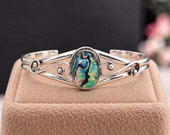 Handgefertigtes Armband aus Sterlingsilber mit Abalone-Muschel, Boho-Armreif mit schillernden Edelsteinen