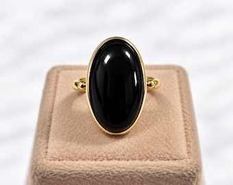 Schwarzer Onyx-Messingring, vergoldeter ovaler Edelstein, minimalistischer Boho-Schmuck