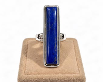 Ring aus Sterlingsilber mit natürlichem Lapislazuli, länglicher rechteckiger Edelstein, modernes Statement-Schmuckstück
