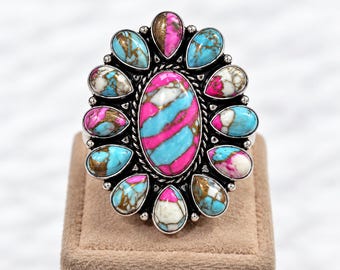 Türkisfarbener Ring aus Sterlingsilber in Zuckerwatte-Optik, Statement-Schmuck im Südwest-Boho-Stil