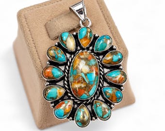 Anhänger aus Sterlingsilber mit Türkis-Cluster in Form einer Stachelauster: Statement-Schmuck im Südwest-Boho-Stil