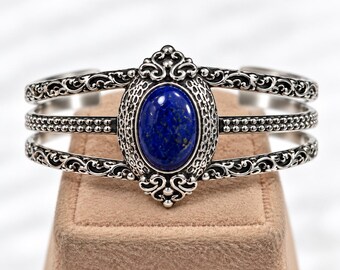 Handgefertigtes Armband aus Sterlingsilber mit Lapislazuli, oxidierter Filigran-Schmuck im Boho-Stil