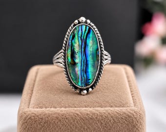 Ring aus natürlicher Abalone-Muschel, 925er Sterlingsilber, ovale Paua-Muschel, Boho-Schmuckstück