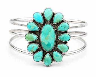 Kingman Türkis-Armreif, 925er Sterlingsilber-Blumenarmband, handgefertigter Statement-Schmuck aus Türkis im Südwest-Stil
