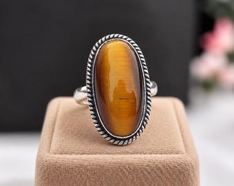 Ovaler Tigeraugenring aus Sterlingsilber: Gedrehter Seilrand, Boho-Schmuckstück