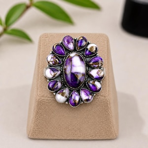 Purple Turquoise Sterling Silver Statement Ring, Boho Southwestern Floral Cluster