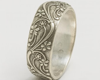 Anillo de bodas vintage de plata de ley con grabado floral