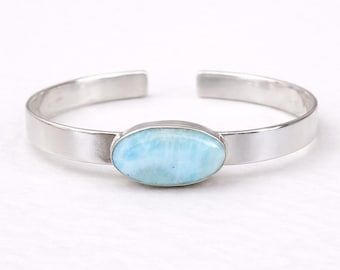 Sterling Silber Larimar Armreif, Oval Blauer Stein Manschette Armband, Handgemachter Ozean Schmuck