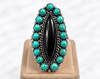 Handgefertigter Ring aus Sterlingsilber mit schwarzem Onyx und Türkis, Statement-Schmuck im Südwest-Boho-Stil
