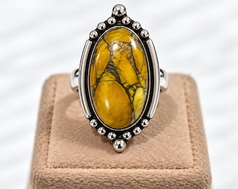 Handgefertigter Honigdahlienring aus Sterlingsilber, Südwest-Boho-Stil, ovaler Edelstein (925er Silber)