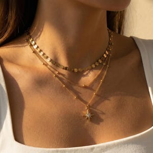Gold Layered Necklace, Stainless Steel North Star Pendant, Coin Disc Choker, Waterproof Triple Chain, Boho Celestial Jewelry Gift for Her