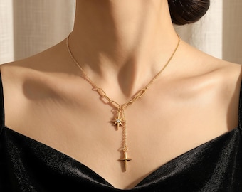 Collar delicado con colgante en forma de gota, dije de estrella polar chapado en oro, cadena asimétrica de eslabones mixtos, joyería bohemia celestial tipo lariat, regalo para ella.