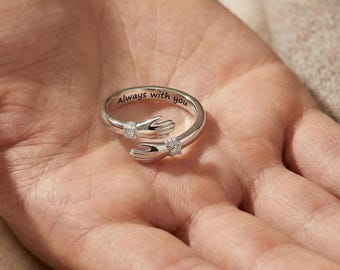 Srebrny pierścień do przytulania, pierścień „Zawsze z Tobą”, prezent kondolencyjny dla przyjaciela, związek na odległość, regulowana biżuteria ze stali nierdzewnej