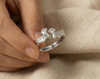 Handmade Miscarriage Memorial Ring, Mommy of an Angel Gift, Baby Feet Wings, Infant Loss Jewelry, Adjustable