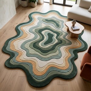 Green Puddle Rug - Hand Tufted Topographic Wool Carpet - Wavy Concentric Irregular Shaped Area Rug for Japandi Living Room, Custom Sizes