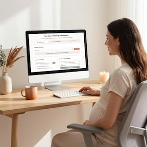 May include: A computer monitor displaying The Smart Nesting Dashboard with sections for a countdown, baby prep timeline, and doctor and care timeline. The screen shows text including The Smart Nesting Dashboard, The Big Countdown, and Baby Prep Timeline.