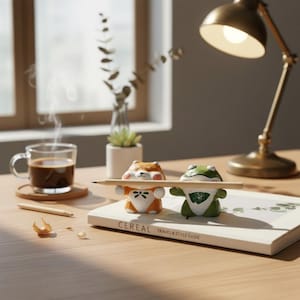 Puede incluir: Una escena de escritorio caprichosa presenta dos portalápices de cerámica, un Shiba Inu naranja y blanco y una rana verde, sosteniendo un lápiz. También se ven una taza de café, un libro y una lámpara de escritorio.