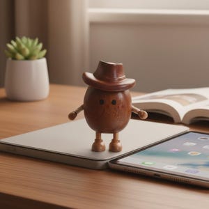 May include: A wooden cowboy figurine with a brown hat, arms, and legs. The figurine has two small black dots for eyes and is standing on a laptop. A succulent plant in a white pot and a tablet are also visible.