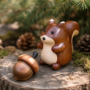 May include: A wooden squirrel figurine with a matching acorn. The squirrel is brown with a cream-colored belly and a fluffy tail. The acorn is also brown with a black stem. The figurines are set on a wooden stump with a natural background.