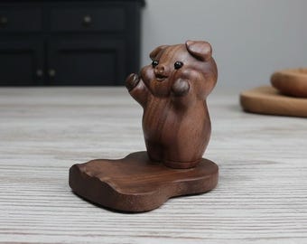 Pig Phone Holder, Wooden Animal Desk Stand, Unique Cell Phone Dock