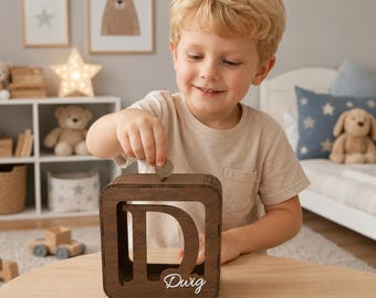 Cofrinho de madeira personalizado para crianças, cofre com nome personalizado, cofrinho com inicial, cofrinho com letra, presente de decoração para quarto infantil