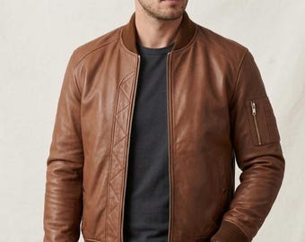 Chaqueta bomber de cuero genuino marrón para hombre – Estilo clásico de aviador MA-1
