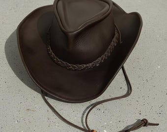 Handmade Leather Cowboy Hat - Brown Western Outback Cap with Chin Strap