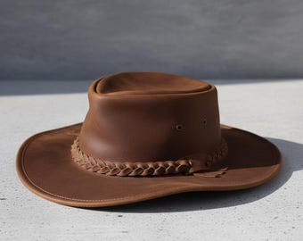 Handmade Brown Leather Cowboy Hat – Western Outback Style with Braided Band